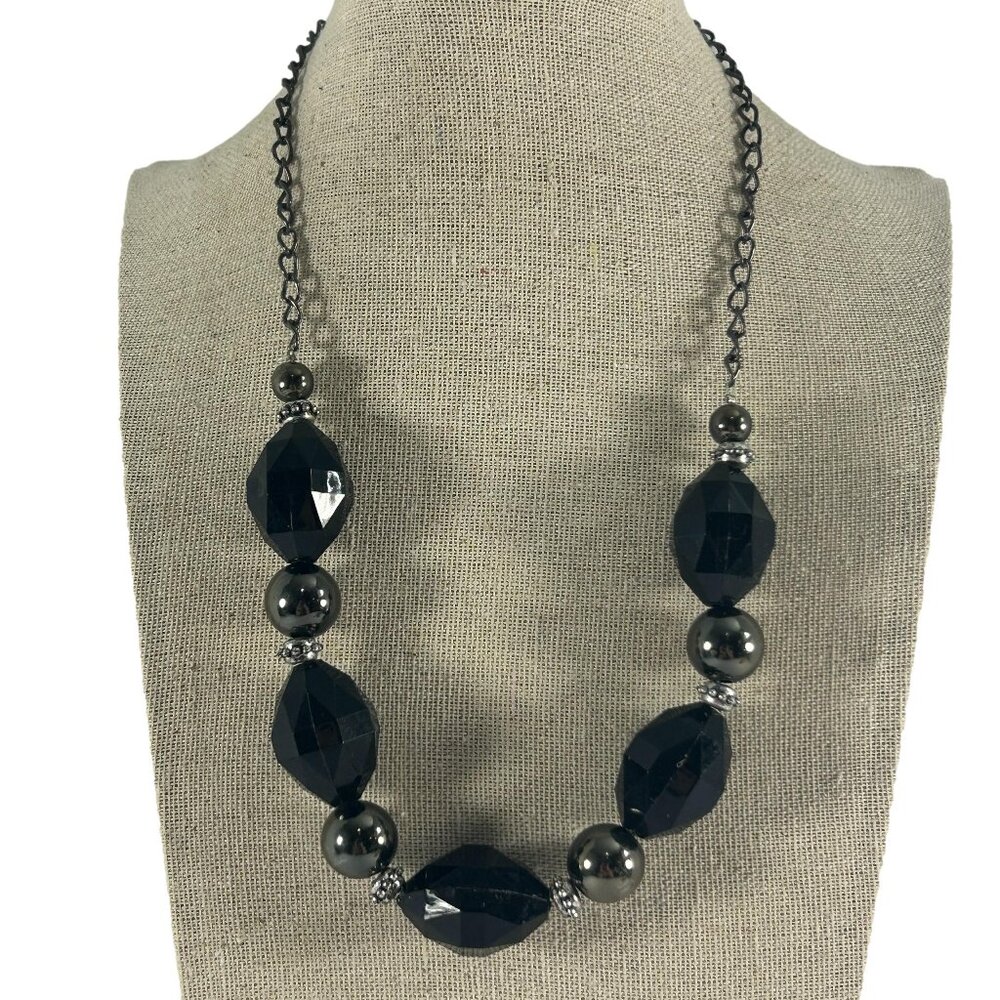 Beaded Necklace Silver Tone Black Acrylic Faceted Beads 19-21" Long